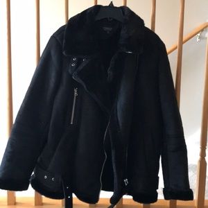 Topshop Faux Fur & Suede Black Moto Coat, Size 10